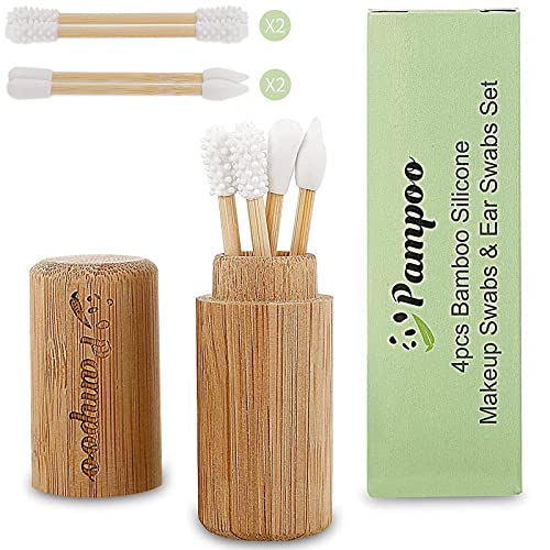 Pampoo Reusable Cotton Swabs - Safe Bamboo Material, Portable Case, 4-Pack