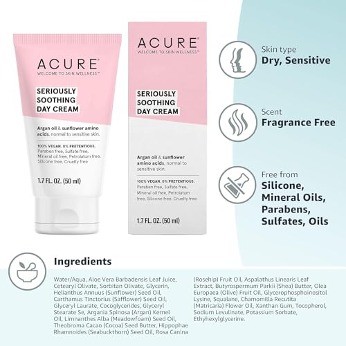 Acure Moisturizer - Hydrating Relief for Dry, Sensitive Skin, Vegan Formula - 1.7 Fl Oz