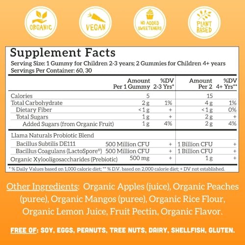 Llama Naturals Probiotic Gummies - Supports Digestion, Vegan, Organic, Peach Mango - 60 ct