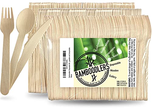 BAMBOODLERS Wooden Cutlery Set - Non-Toxic, Chic Design, Biodegradable - 300 Utensils (100 Forks)