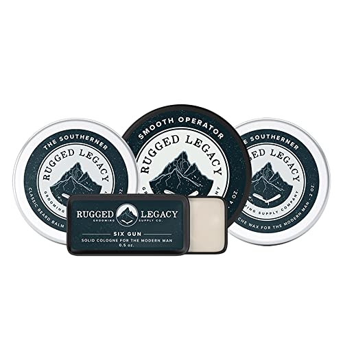 Rugged Legacy Men's Grooming Set - Natural Mustache Wax, Beard Balm, Cologne, Pomade - 4pcs