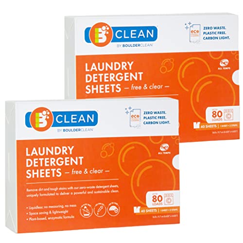 Boulder Clean Laundry Detergent Sheets - Plant-Based, Safe for Colors, 80 Sheets for 160 Loads