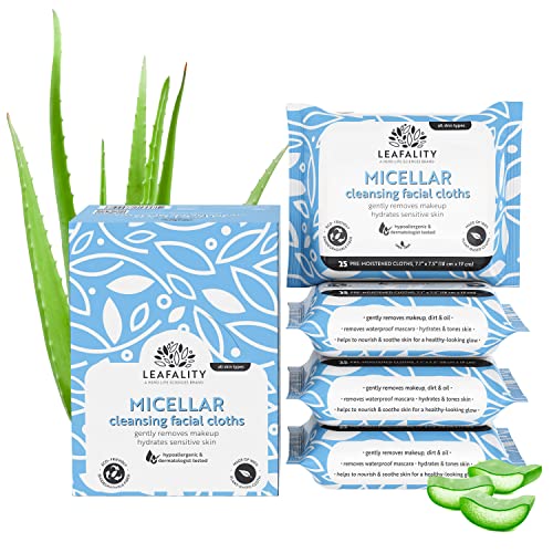 LEAFALITY Micellar Cleansing Facial Cloths - Plant-Derived, Biodegradable, Extra-Large - 100 Count