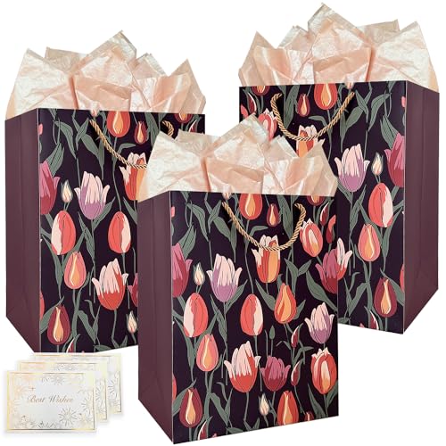 AMROSE Gift Set for Women - Vibrant Floral Pattern, Recyclable Paper, 3 Bags with Cards & Tissue