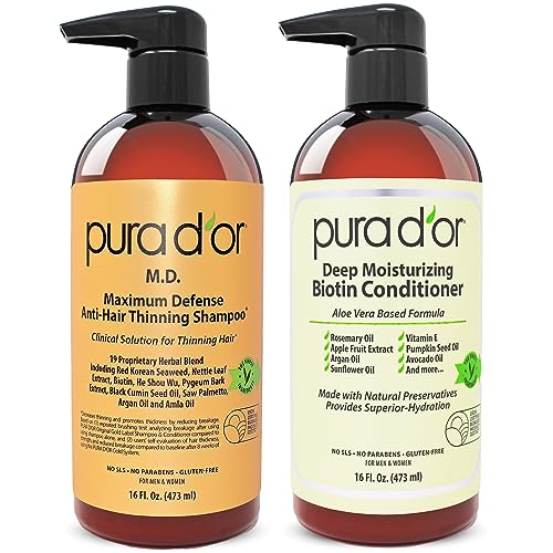 PURA D'OR MD Biotin Shampoo & Conditioner Set - Thickens Hair, Reduces Thinning - 16oz x2