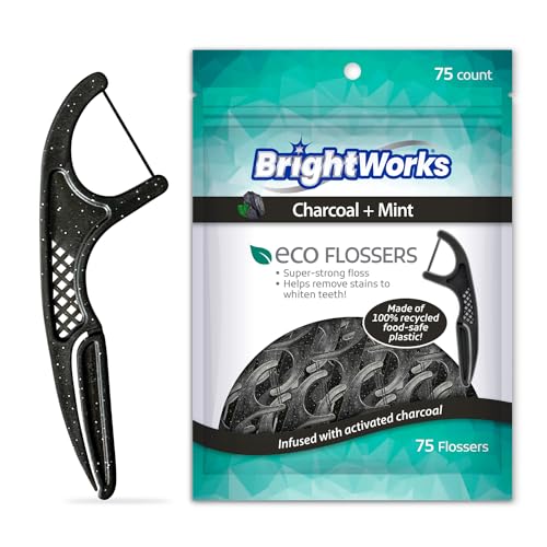 Brightworks Floss Picks - Strong Cleaning, Charcoal Mint Flavor, 100% Recycled Plastic - 225 Count