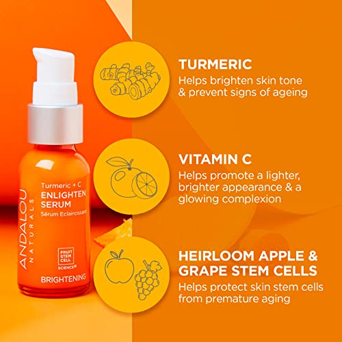 Andalou Naturals Face Serum - Brightens Skin Tone, Anti-Aging with Vitamin C & Turmeric - 1.1 Fl Oz