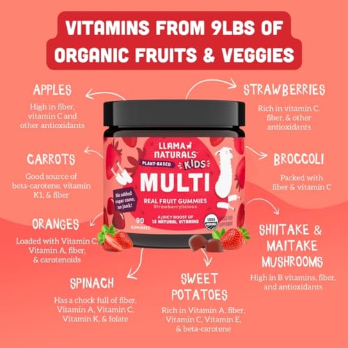 Llama Naturals Multivitamin Gummies - Supports Kids’ Development, Organic & Vegan - 90 ct Strawberry