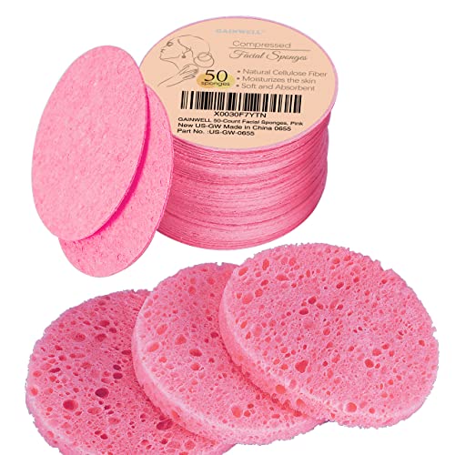 GAINWELL Facial Cleansing Sponge Set - 100% Natural, Reusable Makeup Remover, 50 Count - Pink