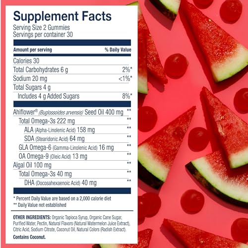 Wiley's Finest Vegan Omega-3 Gummies - Natural Sugar, DHA & ALA, Gluten-Free, Watermelon - 60ct