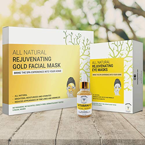 Doppeltree Skin Care Set - Rejuvenating Gold Masks & Vitamin C Serum, All Natural - 3 pcs