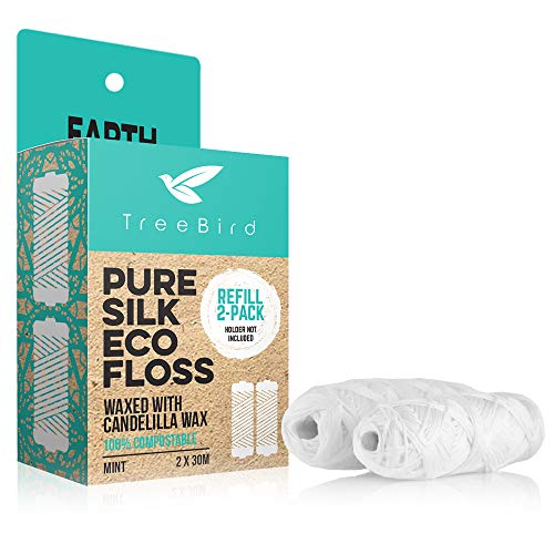 TreeBird Dental Floss Refills - Pure Silk, Plant-Waxed, 100% Compostable, 66 Yards Total