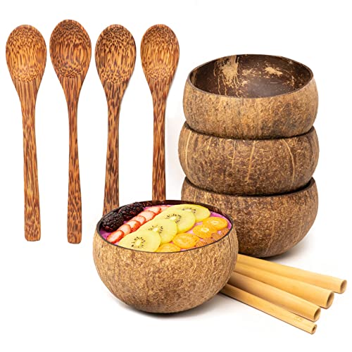 Rainforest Bowls Coconut Bowl Set - Hand-Carved, Natural, 4 Wooden Spoons & Straws - 10oz