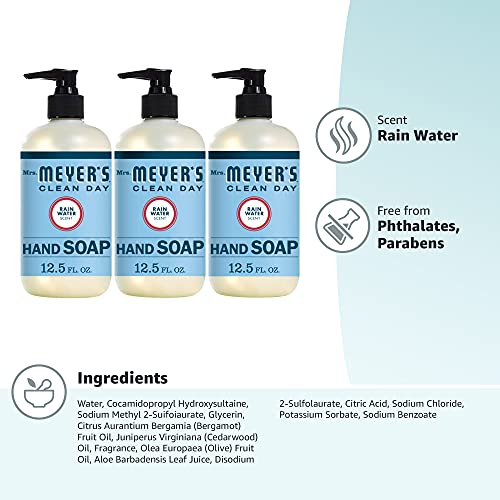 Mrs. Meyer's Hand Soap - Rain Water Scent, Essential Oils, Biodegradable - 12.5 fl. oz, Pack of 3