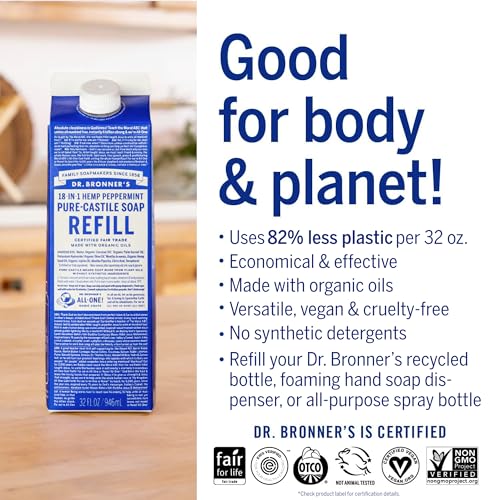 Dr. Bronner's Pure-Castile Liquid Soap - Certified Organic, 82% Less Plastic, Peppermint - 32oz