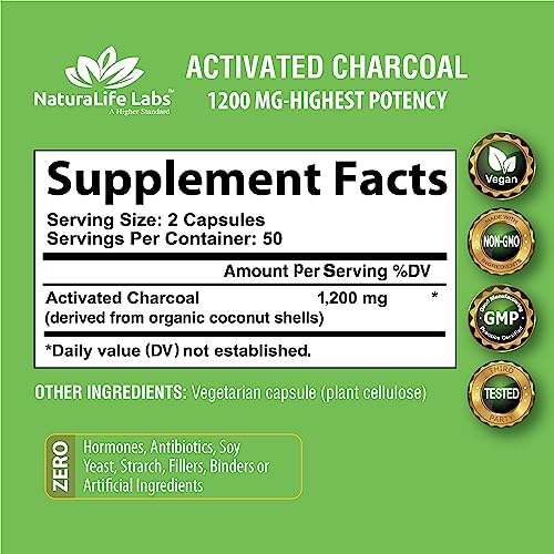 Activated Charcoal Capsules - 1,200 mg for Gas Relief & Detox, Vegan - 100 Count