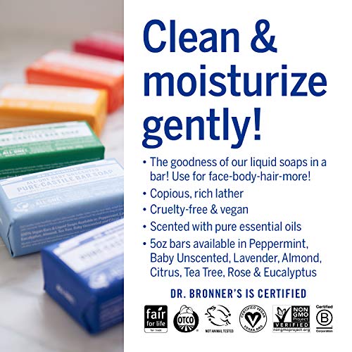 Dr. Bronner's Pure-Castile Bar Soap - Moisturizing Organic Oils, Vegan, Biodegradable - 6-Pack