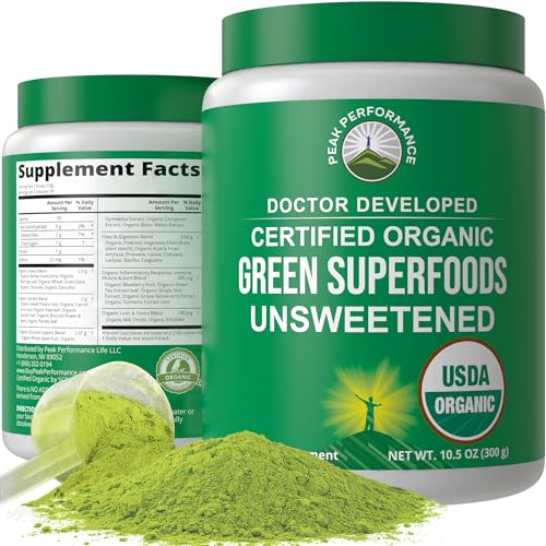 Peak Performance Organic Greens Superfood Powder - Max Energy & Digestive Support - 12 oz