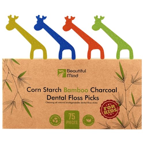Beautiful Mind Children's Dental Floss Picks - Strong Bamboo Charcoal, Vegan Starch Handle - 75ct