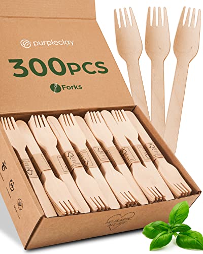 Wooden Disposable Forks - Sturdy, 300 Count, Compostable & Chemical-Free Utensils for Events