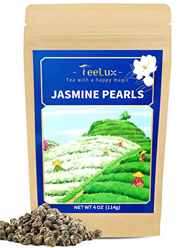 TeeLux Jasmine Pearls Green Tea - Hand-Rolled, Natural Aroma, Non-GMO - 4oz Loose Leaf