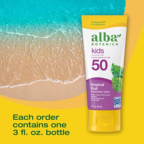 Alba Botanica Kids Sunscreen - Broad Spectrum SPF 50, Water Resistant, Tropical Fruit - 3 fl oz