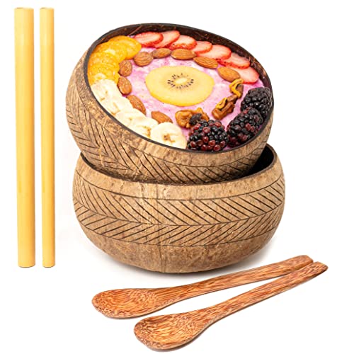 Rainforest Bowls Coconut Set - Hand-Carved, 100% Natural, Reclaimed Shells - 2 Jumbo Bowls & Spoons