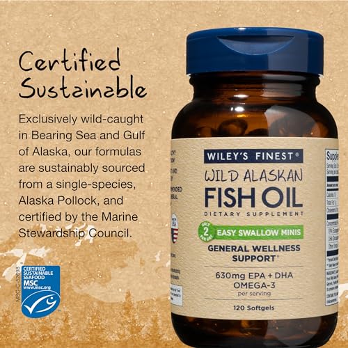 Wiley's Finest Omega-3 Fish Oil - Heart & Skin Support, Easy-Swallow Mini Softgels - 120 Count