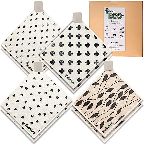 Eulnars Reusable Dish Cloths - Super Absorbent, Biodegradable, 8-Pack with Clips, Black White