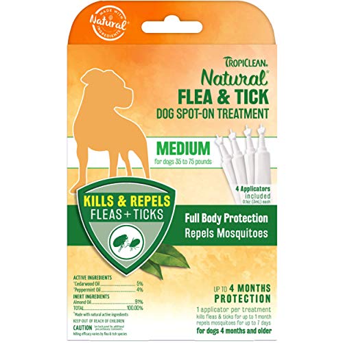 TropiClean Natural Flea & Tick Treatment for Medium Dogs - Kills Fleas & Ticks, 4 Applicators