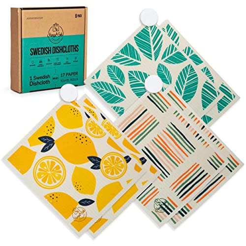 Harps&Seb Swedish Dish Cloths - Super Absorbent, Washable, Biodegradable - 6 Pack with Clips