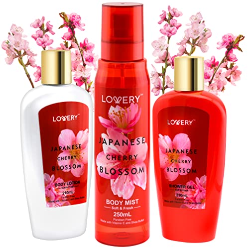 Lovery Bath and Body Set - Relaxing Cherry Blossom Infusion, Natural Extracts - 3 Piece Kit