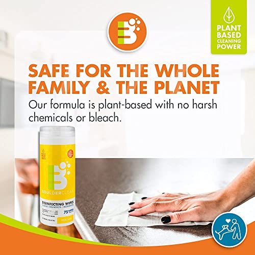 Boulder Clean Disinfectant Wipes - Kills 99.9% Germs, Plant-Based, Fresh Lemon Scent - 75 Count