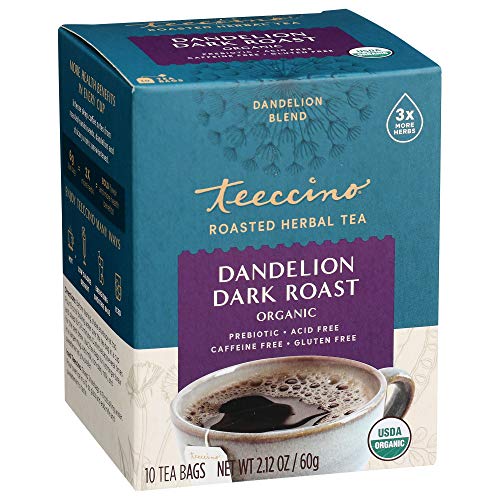 Teeccino Dandelion Dark Roast Tea - Caffeine-Free, Organic, Prebiotic Herbal Blend - 10 Bags