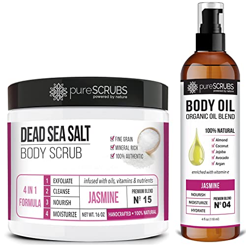 pureSCRUBS Jasmine Body Scrub & Oil Bundle - Exfoliates, Nourishes, Hydrates - 12oz