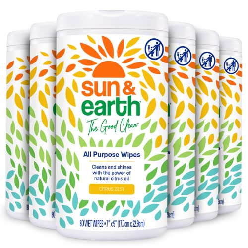 Sun & Earth All Purpose Cleaner Wipes - Plant-Based, Hypoallergenic, Citrus Scent - 480 Wipes