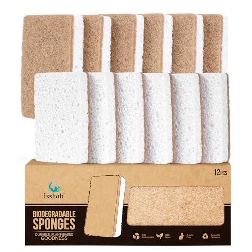 Isshah Plant-Based Kitchen Sponge - Tough on Grease, Gentle on Hands - 12 Biodegradable Sponges