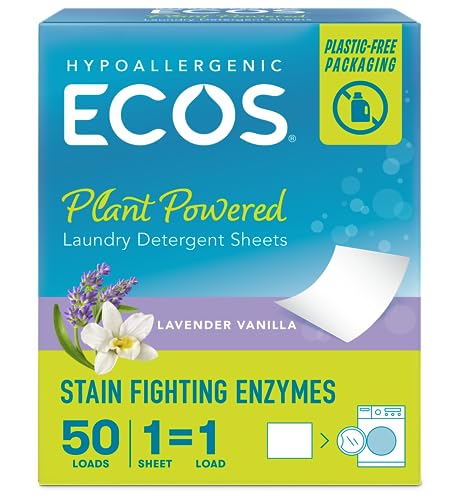 ECOS Laundry Detergent Sheets - Hypoallergenic, Plant-Powered, Lavender Scent - 50 Count