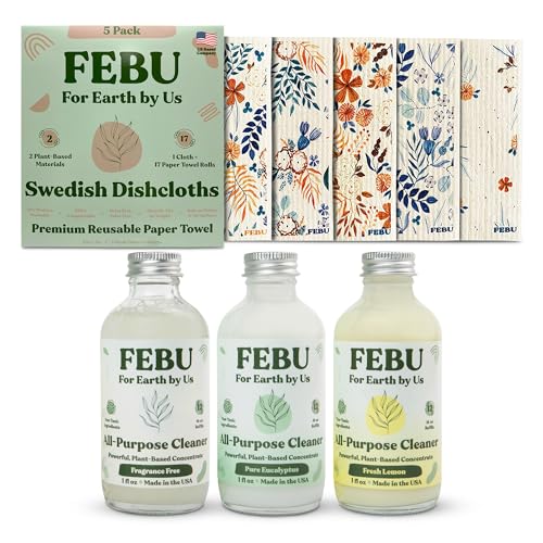 FEBU All Purpose Cleaner Bundle - Powerful Plant-Based Formula, Reusable Towels - 5 Pack