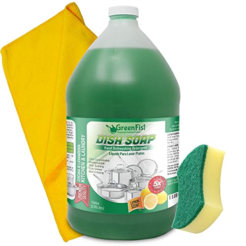 GreenFist Dish Soap - Powerful Grease Cutter, Biodegradable, Gentle on Hands - 128oz Lemon Scent