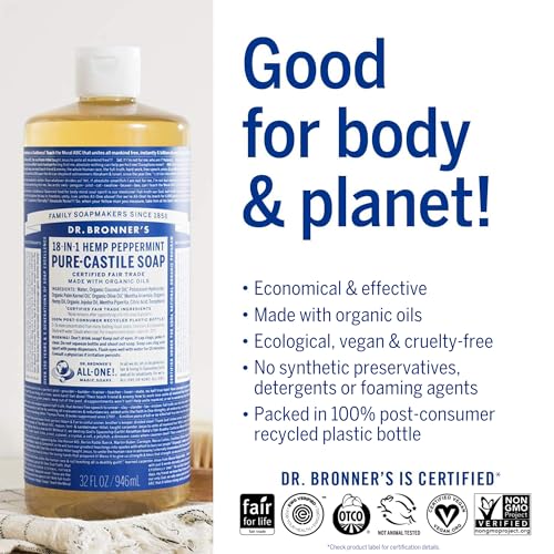 Dr. Bronner's Pure-Castile Liquid Soap - Organic Oils, Vegan, Multi-Use, 25oz (Peppermint)