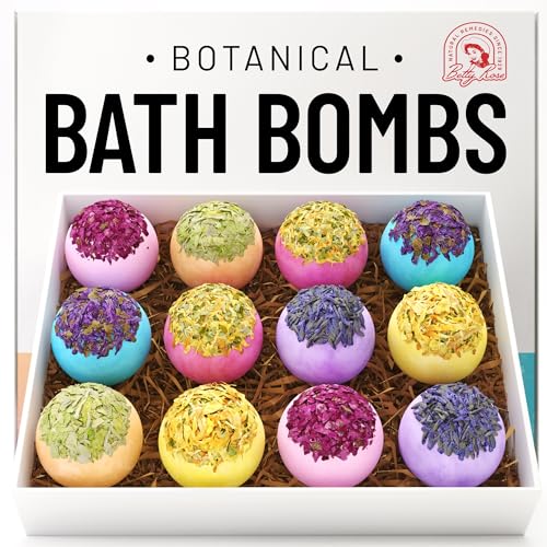 Botanical Bath Bombs Set of 12 - Moisturizing, Vegan, Essential Oils, 6 Therapeutic Scents