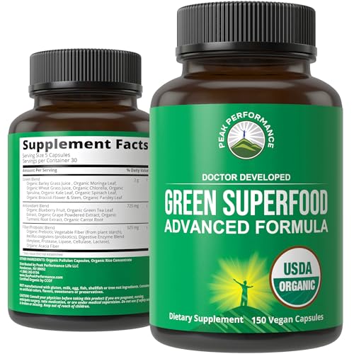 Peak Performance Organic Superfood Capsules - Max Energy & Detox, 25 Natural Ingredients - 150ct