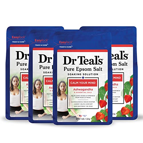 Dr Teal's Epsom Salt Bath Soak - Eases Muscle Aches, Calms Mind with Ashwagandha - 3 lbs (Pack of 4)