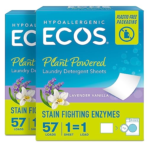 ECOS Laundry Detergent Sheets - Hypoallergenic, Plant-Powered, Lavender Vanilla - 57 Sheets