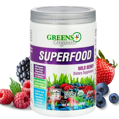 Greens+ Organic Wild Berry Superfood Powder - Boosts Energy & Vitality, Vegan, 8.46oz