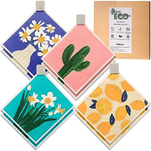 Eulnars Swedish Dish Cloths - Super Absorbent, Biodegradable, 8 Pack with Clips - 7.8x6.8in