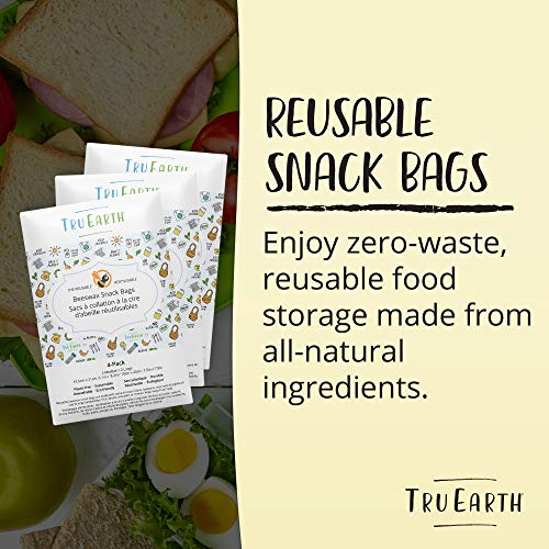 Tru Earth Beeswax Snack Bags - Reusable Food Storage, Biodegradable Materials - 4 Pack