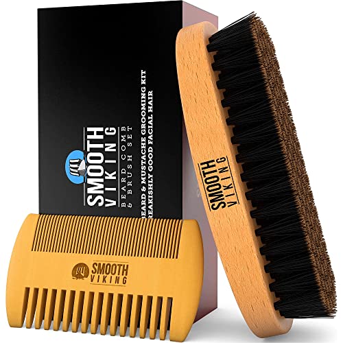 Smooth Viking Men's Grooming Set - Natural Boar Bristle Brush & Wooden Comb for Healthy Beards