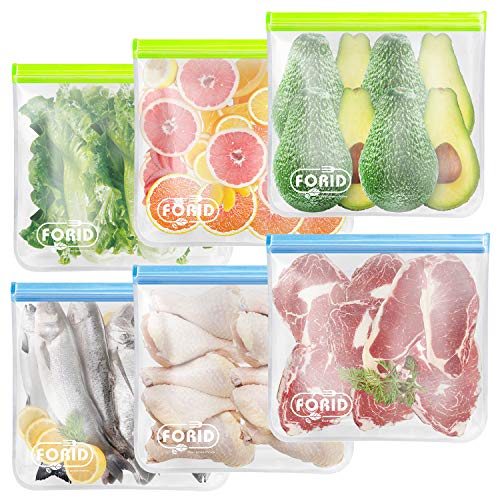 FORID Reusable Gallon Freezer Bags - Leakproof, Food-Safe PEVA, 6 Pack, 1 Gallon Size